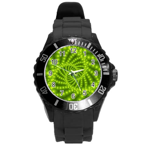 Glossy Lime Green Beaded Spiral Fractal Round Plastic Sport Watch (L) from ArtsNow.com Front