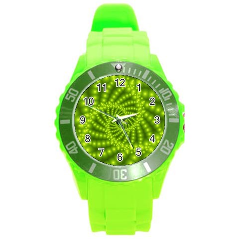 Glossy Lime Green Beaded Spiral Fractal Round Plastic Sport Watch (L) from ArtsNow.com Front