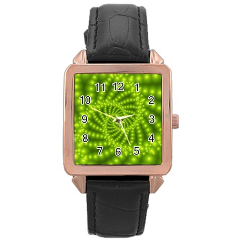 Glossy Lime Green Beaded Spiral Fractal Rose Gold Leather Watch  from ArtsNow.com Front