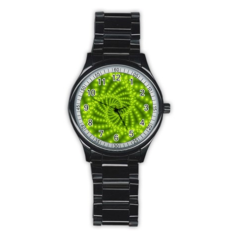 Glossy Lime Green Beaded Spiral Fractal Stainless Steel Round Watch from ArtsNow.com Front