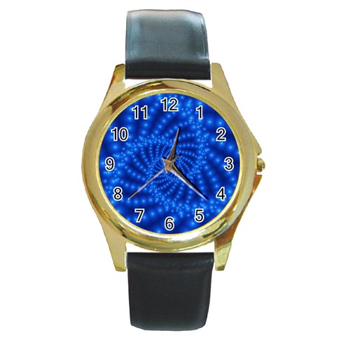 Glossy Blue Beaded Spiral Fractal Round Gold Metal Watch from ArtsNow.com Front