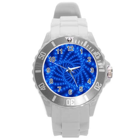 Glossy Blue Beaded Spiral Fractal Round Plastic Sport Watch (L) from ArtsNow.com Front