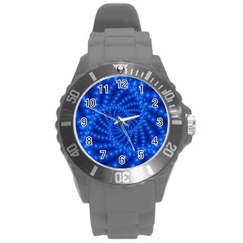 Glossy Blue Beaded Spiral Fractal Round Plastic Sport Watch (L) from ArtsNow.com Front