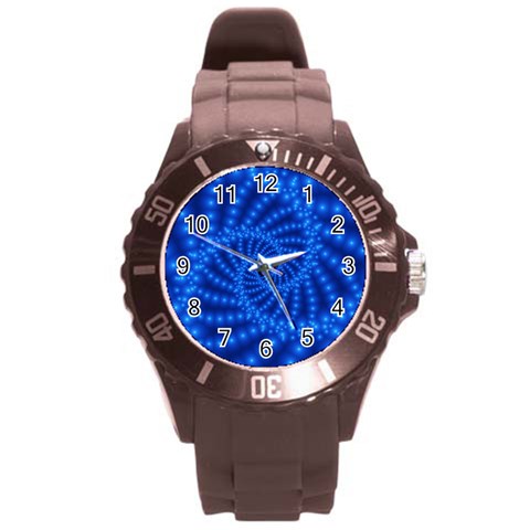 Glossy Blue Beaded Spiral Fractal Round Plastic Sport Watch (L) from ArtsNow.com Front