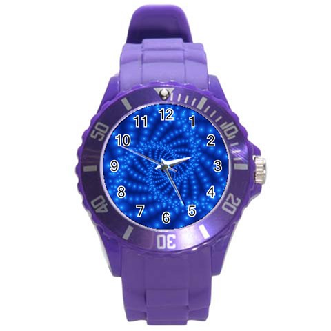 Glossy Blue Beaded Spiral Fractal Round Plastic Sport Watch (L) from ArtsNow.com Front