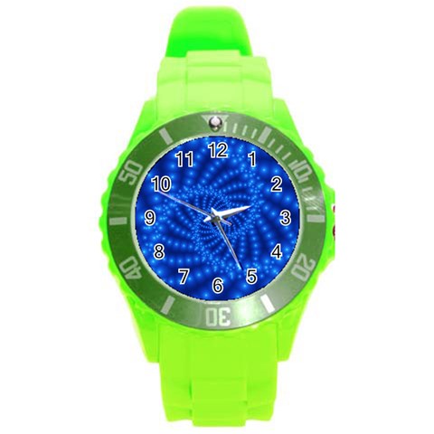 Glossy Blue Beaded Spiral Fractal Round Plastic Sport Watch (L) from ArtsNow.com Front