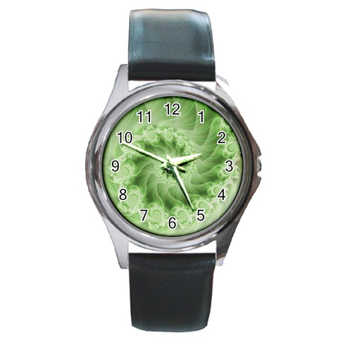 Fractal Lace Green Spiral Fractal Round Metal Watch from ArtsNow.com Front