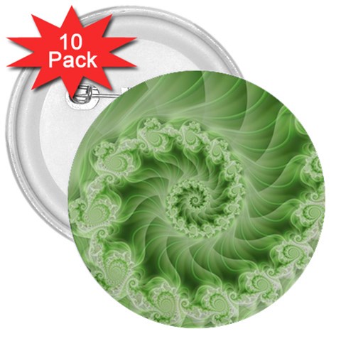 Fractal Lace Green Spiral Fractal 3  Button (10 pack) from ArtsNow.com Front