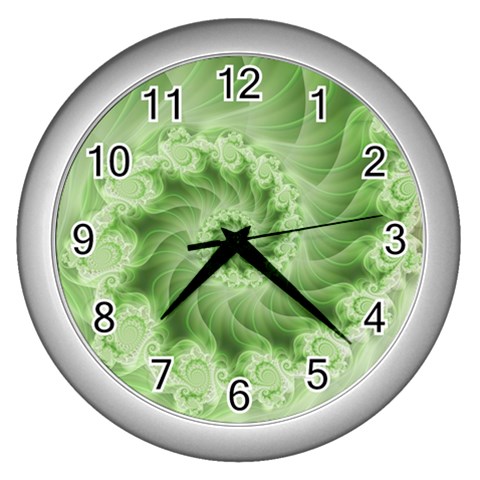 Fractal Lace Green Spiral Fractal Wall Clock (Silver) from ArtsNow.com Front