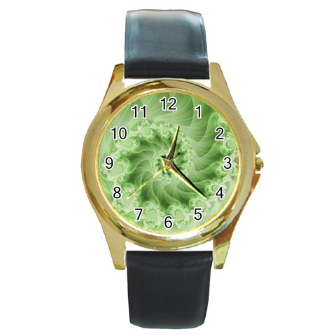 Fractal Lace Green Spiral Fractal Round Gold Metal Watch from ArtsNow.com Front