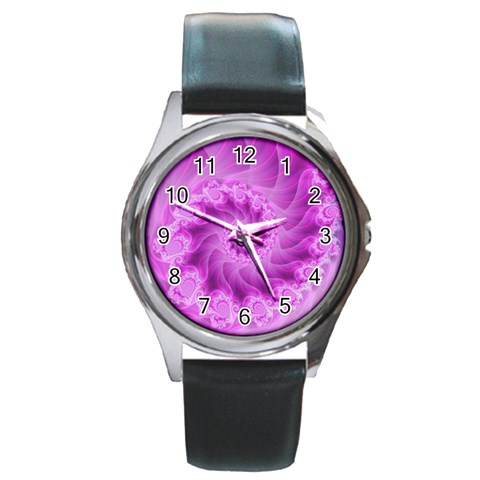 Silky Pink Spiral Fractal  Round Metal Watch from ArtsNow.com Front