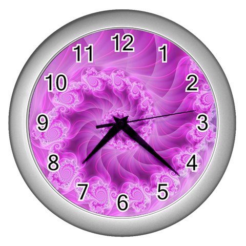 Silky Pink Spiral Fractal  Wall Clock (Silver) from ArtsNow.com Front