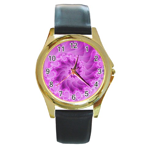 Silky Pink Spiral Fractal  Round Gold Metal Watch from ArtsNow.com Front