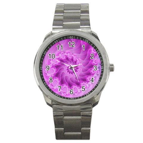 Silky Pink Spiral Fractal  Sport Metal Watch from ArtsNow.com Front