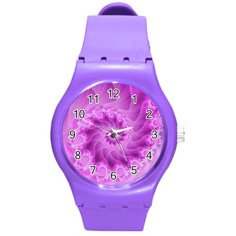 Silky Pink Spiral Fractal  Round Plastic Sport Watch (M) from ArtsNow.com Front