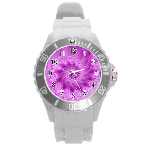 Silky Pink Spiral Fractal  Round Plastic Sport Watch (L) from ArtsNow.com Front