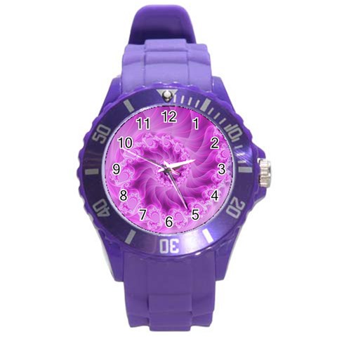 Silky Pink Spiral Fractal  Round Plastic Sport Watch (L) from ArtsNow.com Front