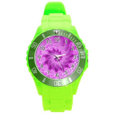 Silky Pink Spiral Fractal  Round Plastic Sport Watch (L) from ArtsNow.com Front