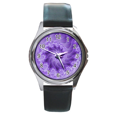 Silky Purple Spiral Fractal Round Metal Watch from ArtsNow.com Front