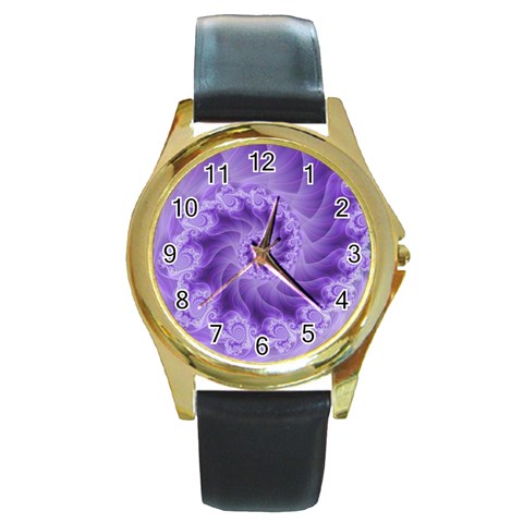 Silky Purple Spiral Fractal Round Gold Metal Watch from ArtsNow.com Front