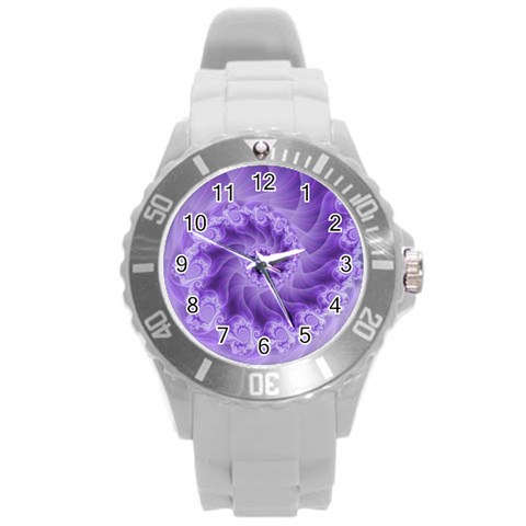 Silky Purple Spiral Fractal Round Plastic Sport Watch (L) from ArtsNow.com Front