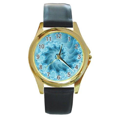 Silky Blue Spiral Fractal Round Gold Metal Watch from ArtsNow.com Front