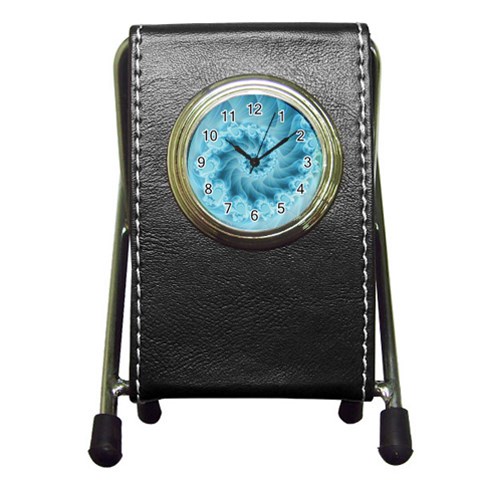 Silky Blue Spiral Fractal Pen Holder Desk Clock from ArtsNow.com Front