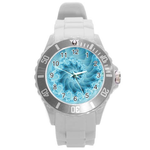 Silky Blue Spiral Fractal Round Plastic Sport Watch (L) from ArtsNow.com Front