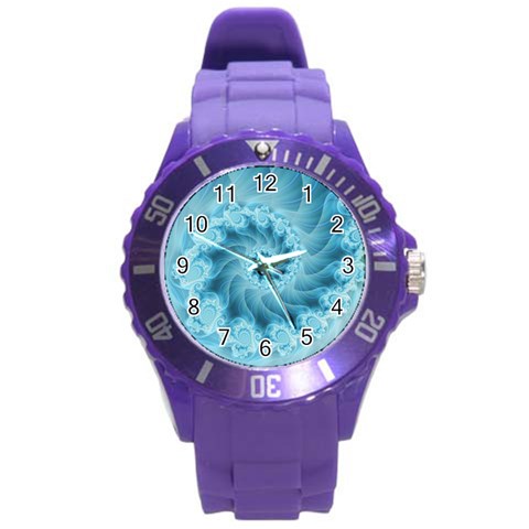 Silky Blue Spiral Fractal Round Plastic Sport Watch (L) from ArtsNow.com Front