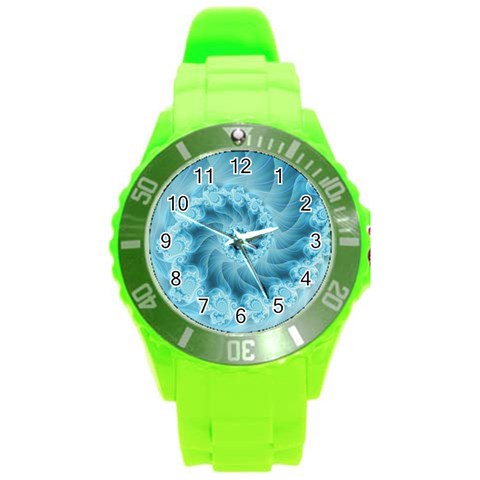 Silky Blue Spiral Fractal Round Plastic Sport Watch (L) from ArtsNow.com Front