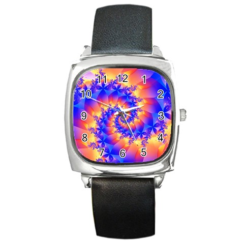 Colorful Psychedelic Spiral Fractal Square Metal Watch from ArtsNow.com Front