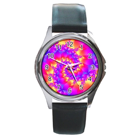 Colorful Psychedelic Spiral Fractal Round Metal Watch from ArtsNow.com Front