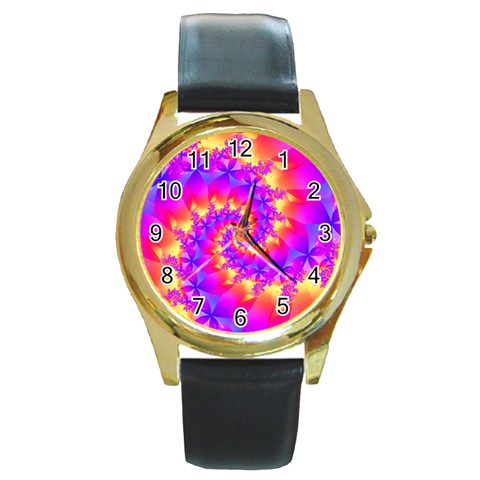 Colorful Psychedelic Spiral Fractal Round Gold Metal Watch from ArtsNow.com Front