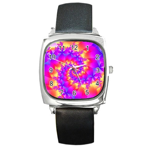 Colorful Psychedelic Spiral Fractal Square Metal Watch from ArtsNow.com Front