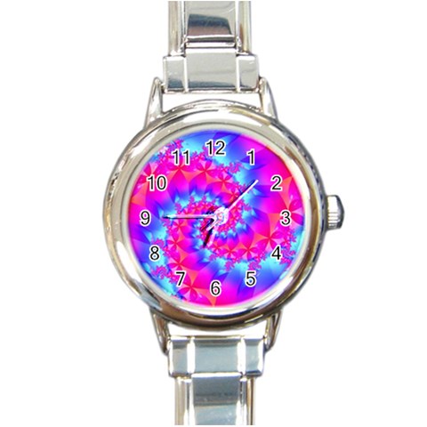 Colorful Pink and Blue Spiral Fractal Round Italian Charm Watch from ArtsNow.com Front