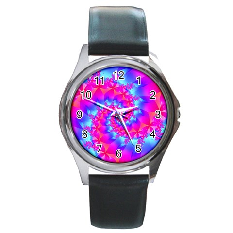 Colorful Pink and Blue Spiral Fractal Round Metal Watch from ArtsNow.com Front