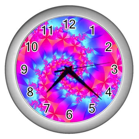 Colorful Pink and Blue Spiral Fractal Wall Clock (Silver) from ArtsNow.com Front