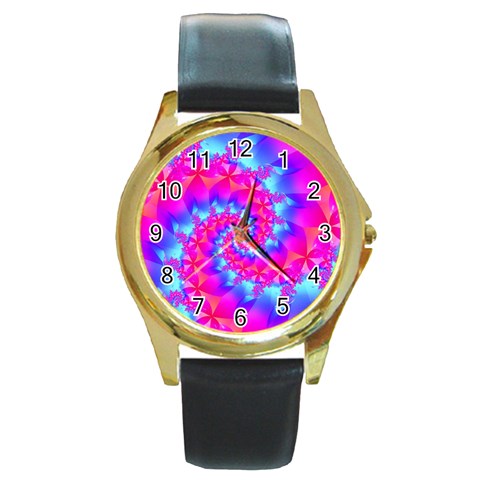 Colorful Pink and Blue Spiral Fractal Round Gold Metal Watch from ArtsNow.com Front