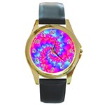 Colorful Pink and Blue Spiral Fractal Round Gold Metal Watch