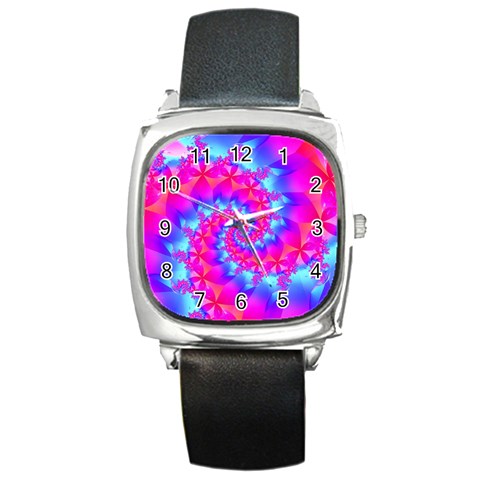 Colorful Pink and Blue Spiral Fractal Square Metal Watch from ArtsNow.com Front