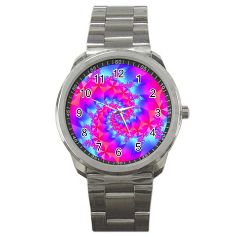 Colorful Pink and Blue Spiral Fractal Sport Metal Watch from ArtsNow.com Front