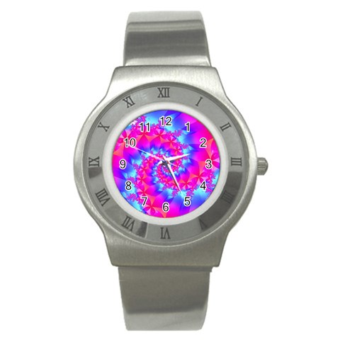 Colorful Pink and Blue Spiral Fractal Stainless Steel Watch from ArtsNow.com Front