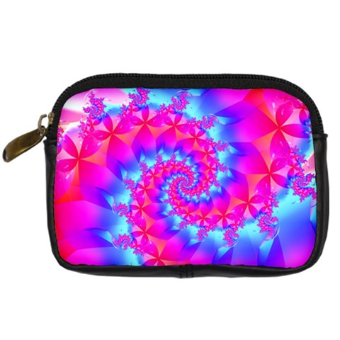 Colorful Pink and Blue Spiral Fractal Digital Camera Leather Case from ArtsNow.com Front