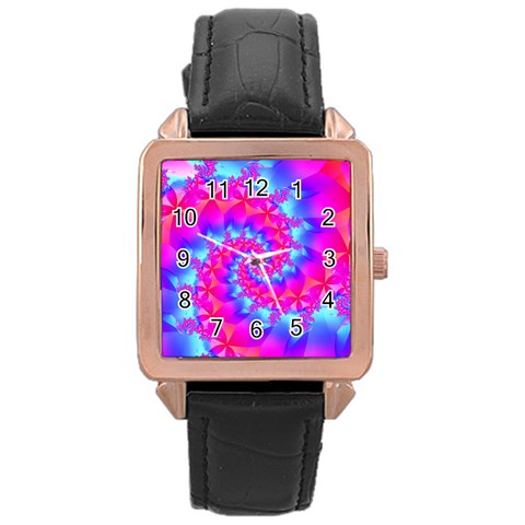 Colorful Pink and Blue Spiral Fractal Rose Gold Leather Watch  from ArtsNow.com Front