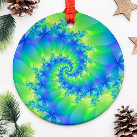 Colorful Blue and Green Spiral Fractal  Ornament (Round) from ArtsNow.com Front