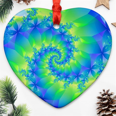 Colorful Blue and Green Spiral Fractal  Ornament (Heart) from ArtsNow.com Front