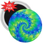 Colorful Blue and Green Spiral Fractal  3  Magnet (100 pack)