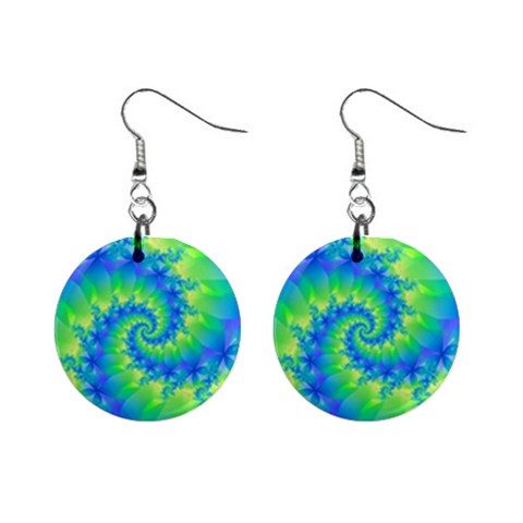 Colorful Blue and Green Spiral Fractal  1  Button Earrings from ArtsNow.com Front