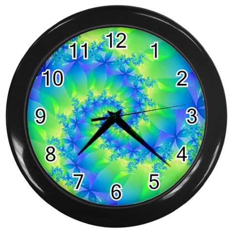 Colorful Blue and Green Spiral Fractal  Wall Clock (Black) from ArtsNow.com Front