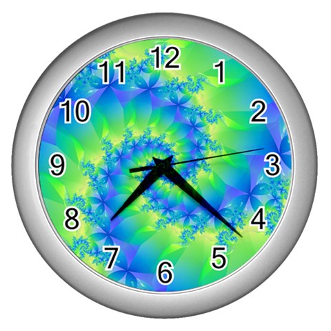 Colorful Blue and Green Spiral Fractal  Wall Clock (Silver) from ArtsNow.com Front